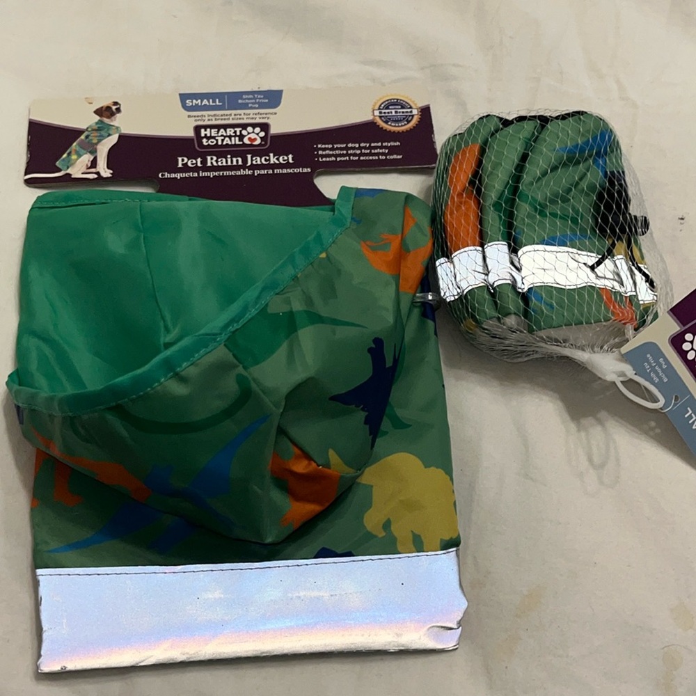 NWT Dog For Him (or her) Raincoat & Boots Hooded Green W/Dinosaurs Small